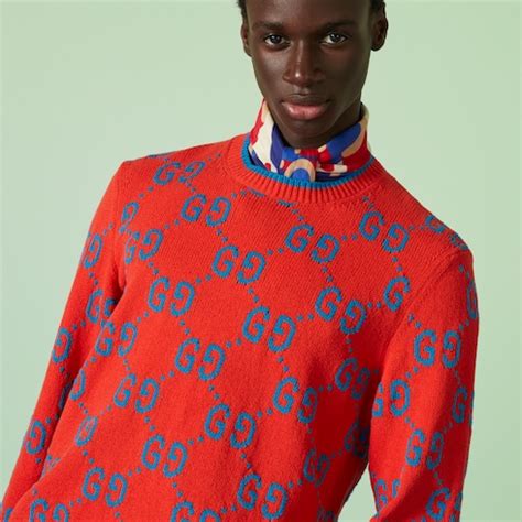 gucci maglione uomo blu rosso|Gucci Maglione in cotone a maglia con Incrocio GG.